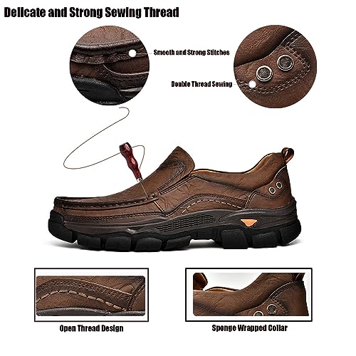 Men's Thick Bottom Slip on Leather Loafer,Hand Stitching Comfort Anti Slip Moccasins Casual Walking Shoes Outdoor Hiking Driving Work Office Dress Men Classic Leisure Sneakers2