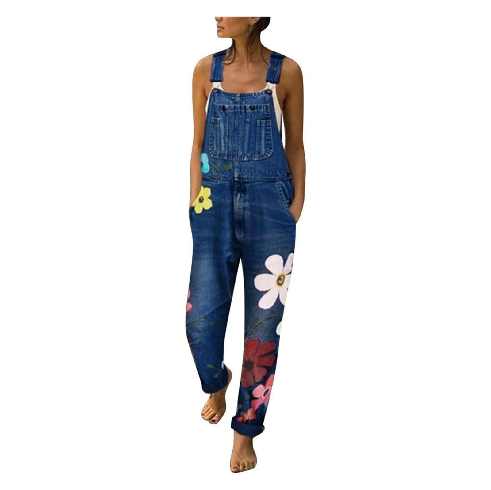 Salopette en jean pour femme, combinaison vintage ample, combinaison florale en denim, barboteuse, salopette verte