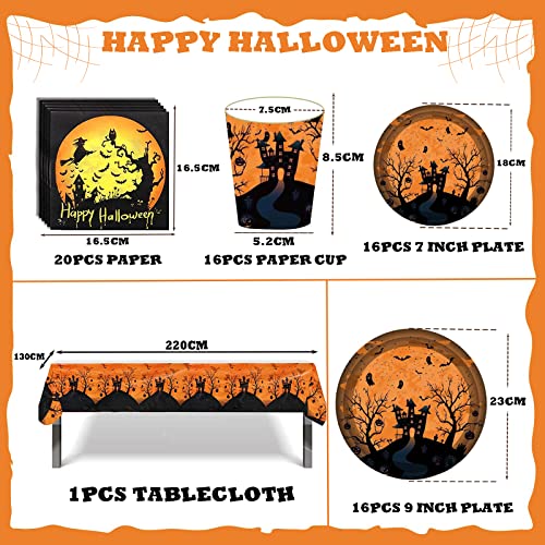 Halloween Party Tableware Set 16 Guests,Halloween Disposable Dinnerware Set Halloween Tableware Decor with Plastic Tablecloth,Paper Plates Napkins and Cups for Halloween Party Supplies Decorations - Image 2