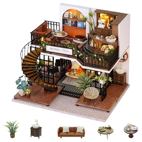 Flever Dollhouse Miniature DIY House Kit Creative Room with Furniture for Romantic Artwork Gift (Forest Teashop)