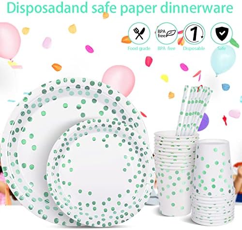 DN DENNOV Green Dots Party Paper Tableware 24 Guest Green Party Supplies,Party Tableware with Paper Plates Napkins Cups Forks Spoons for Birthday,Baby Shower, Wedding, Jungle Safari Party Decoration