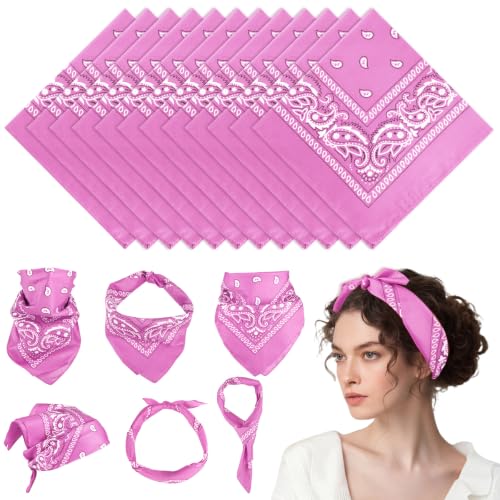 PLULON 12 Pack Pink Bandanas for Men Women Paisley Pattern Bandana Bulk Headbands Men Handkerchief Cowboy Face Mask Square Scarf Headwear 100% Polyester