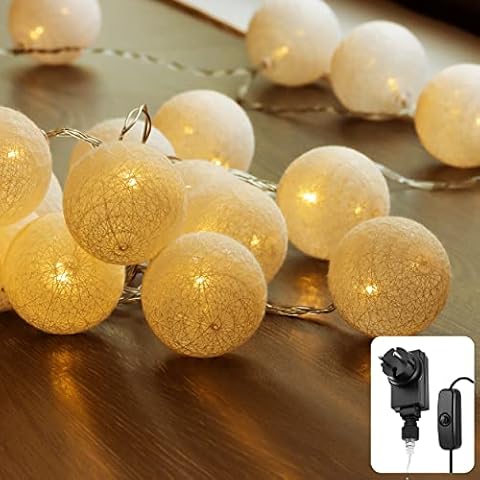 CozyHome Cotton Ball Lichterkette weiß innen mit Stecker | 6m 20er LED warmweiß | Zimmer Deko led lichterkette für party led deko pavillon Cover