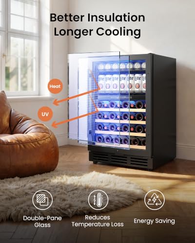 Image of 24 Inch Dual Zone Wine Fridge and Beverage Refrigerator, 63 Cans & 30 Bottles, Built-in Freestanding Under Counter Wine Cooler, UV Glass Door, Quiet Cooling, Lock, for Home Bar Office, Black