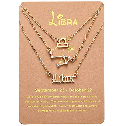 3 Pieces Constellation Zodiac Layer Necklaces Retro 12 Constellation Zodiac Pendant Horoscope Necklace Astrology Necklace, Exquisite Letter Horoscope Card Zodiac Jewelry (Libra, Sept.23-Oct.22)
