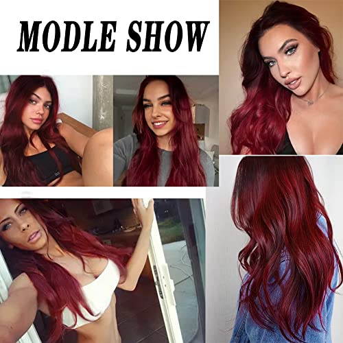 Tseses Ombre Red Long Curly Wigs For Women Wavy Synthetic Hair Wigs Dark Roots Hair Women Wig For Cosplay Halloween Party Daily Use (Red) #TOP1