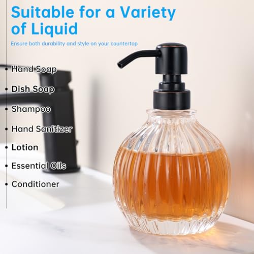 Image of Round Soap Dispenser Bathroom with Oil Rubbed Bronze Pump, Glass Bottle with Stainless Steel Pump Liquid Sphere Soap Dispenser Circular Countertop Kitchen