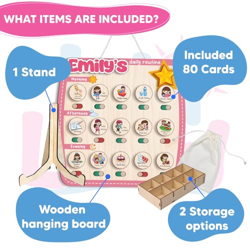 Image of Personalized Wooden Chore Chart for Kids, Daily Routine Chart for Toddlers, Visual Schedule for Kids Age 3-5, Morning Bedtime Routine for Girls (09)
