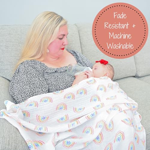 Image of LollyBanks Baby Blankets 2 Pack, 100% Organic Cotton Muslin Swaddle Blankets for Boys and Girls, Soft and Breathable 47 x 47 Inches Newborn Receiving Blanket, Baby Registry (Rainbow and Colorful Wave)