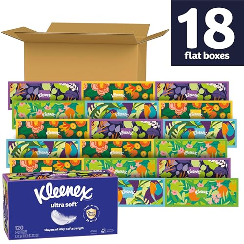 Image of Kleenex Ultra Soft Facial Tissues, 18 Flat Boxes, 120 Tissues per Box, 3-Ply (2,160 Total), Packaging May Vary