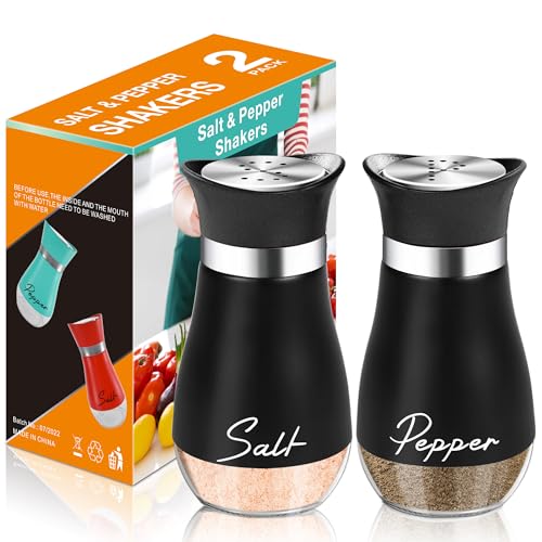 Salt and Pepper Shakers Set - 120ml with Clear Glass Bottom Salt Pepper Shaker, with Stainless Steel Lid Salt Shaker, Refillable Spice Dispenser for Home Kitchen Cooking Camping BBQ - Black