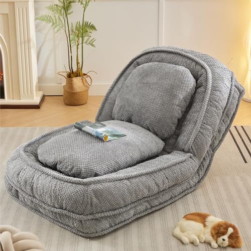 UPYOOE Floor Chair with Back Support Folding Sofa Chair with 5 Adjustable Position Plush Floor Gaming Chair Meditation Chair for Lazy Boys Human Dog Bed for Living Room Bedroom Lounge Grey