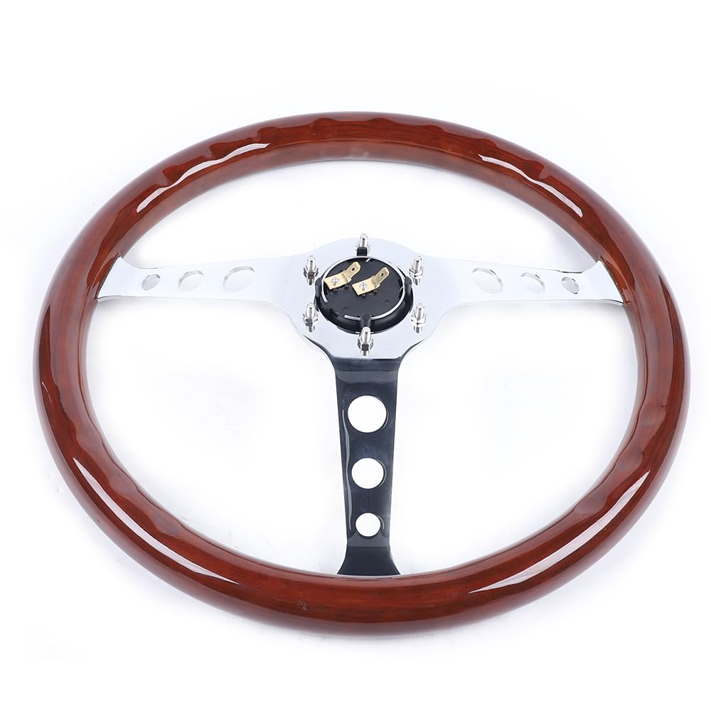 Volante universale in legno da 15 pollici, volante in mogano, volante sportivo, con pulsante del clacson e anello in ferro, per auto d'epoca
