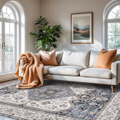 RUUGME Washable 8X10 Area Rug - Soft Area Rugs for Living Room Stain Resistant Carpet Vintage Lightweight Rugs for Bedroom with Non Slip Backing Indoor Ultra-Thin Rugs 8X10 Navy