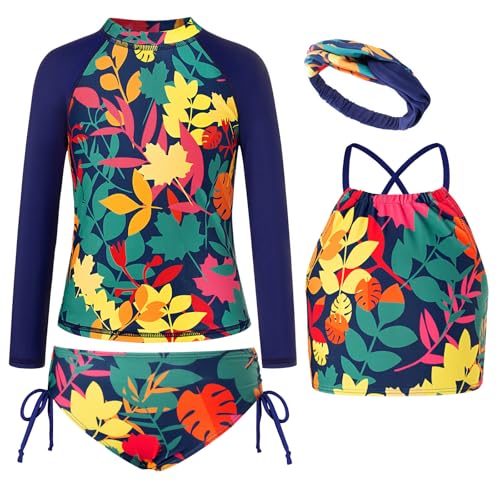 Image of GRACE KARIN Girls Swimsuit Tankini Set Rash Guard Long Sleeve Swimsuit 4 Piece Bathing Suit Swimwear 5-14Y