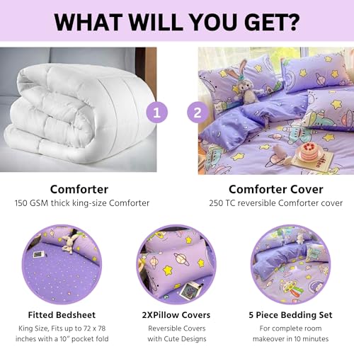 Image of Famyo Kids King Size 5-Piece Bedding Set, Astronaut Space | 250 TC Fitted Bedsheet, Comforter, Comforter Cover & 2 Pillow Covers, 72 x 78 in, Purple Space Design