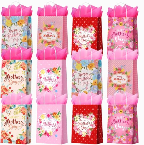 CMSSHUAI 12 Pcs Mothers Day Bags with Tissue PaperMedium Small Mothers Day Bags with Handles Floral Mothers Paper Bags Treat Bags Candy Bags Bulk for Mom Grandma Wife Women