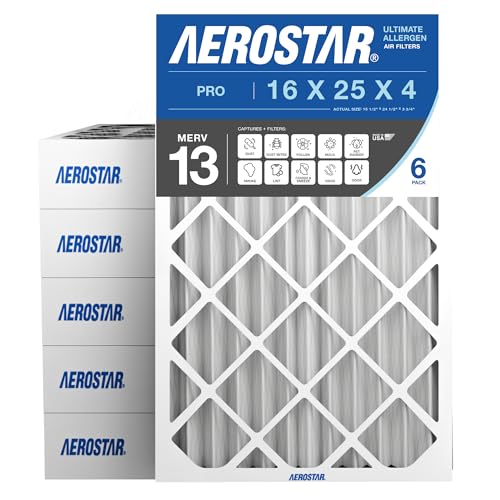Image of Aerostar 16x25x4 MERV 13 - 6 Count - Pleated HVAC, Furnace & Air Conditioner Filters - Removes Bacteria, Dust, Cold & Flu Germs, Lint, Mold, Pet Dander, Allergy-Causing Pollen, Smog, Smoke & Viruses