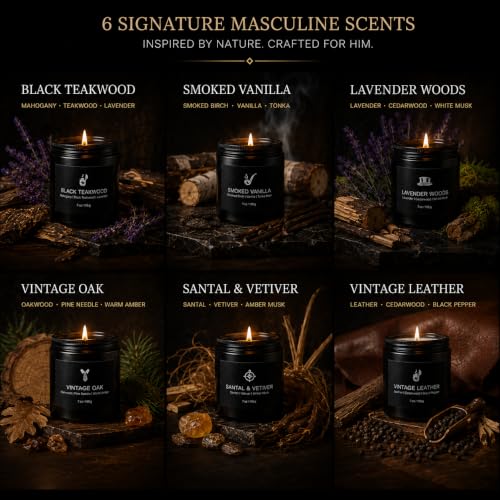 Image of Scented Candles for Men, 6 Masculine Scents Set, 42oz Total | 200H-250H Burn Time, Woody Manly Gift Set, Smoked Vanilla, Black Teakwood Santal & Vetiver for Him