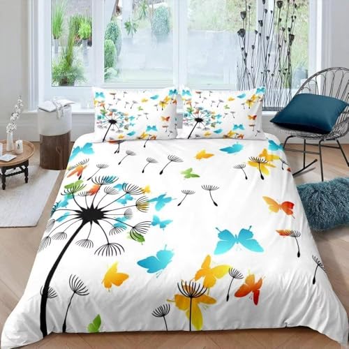 Funda Nordica Cama 90 Infantil Diente de León, Ropa de Cama Mariposa de Microfibra Impresión 3D Funda Edredon 135x200 cm con Cremallera y 2 Fundas de Almohada B-2494