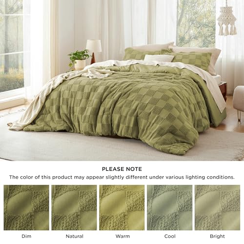 Image of Bedsure Queen Size Comforter Set Olive Green, Boho Tufted Bed Set, Checkered Farmhouse-Style Distressed Vintage Bedding, 3 Pieces, 1 Plaid Geometric Comforter and 2 Pillow Shams