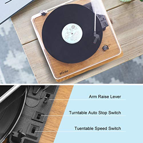 Wrcibo Record Player, Vintage Turntable 3-Speed Belt Drive Vinyl Player LP Record Player with Built-in Stereo Speaker, Aux-in, Headphone Jack, and RCA Output, Natural Wood - Thumbnail 5