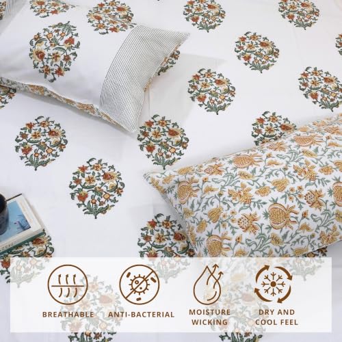 Image of TOAI Hand Block Printed Bedsheet | Bed Spread Flatsheet Bed Sheet | Pure Cotton | Queen Size 90 inchx108 inch | 210 TC Luxury Cotton | 2 Reversible Pillow Covers |Earthy Mugal Motif
