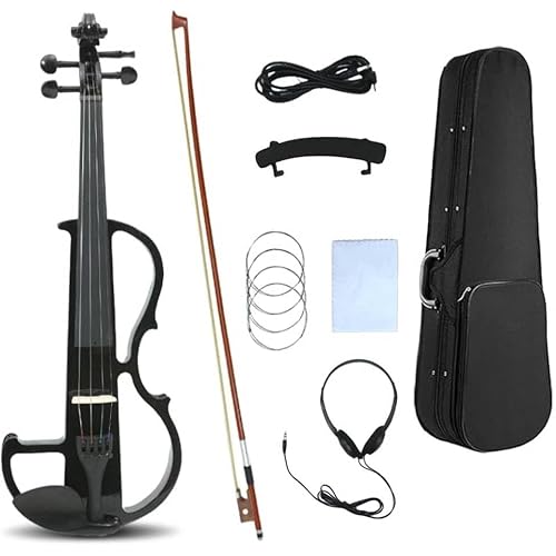 Electric violin 4/4 full size Silent Electric Violin Solid Wood body Ebony Fittings with case,bow, headphone,cable,strings for Students, Beginners and Adults (Black)