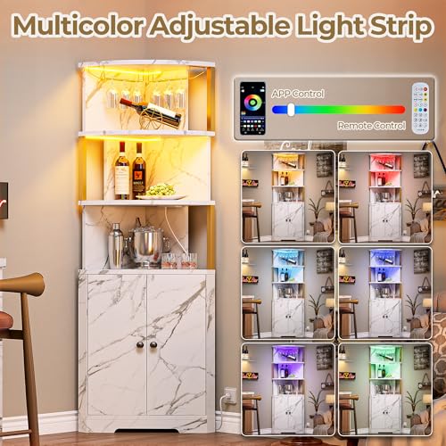 IRONCK 71'' Corner Bar Cabinet with LED Lights, 5-Tier Wine Rack with Power Outlets, Glass Holder and Door, Liquor Cabinet for Home Bar & Coffee Bars, White & Gold - Image 7