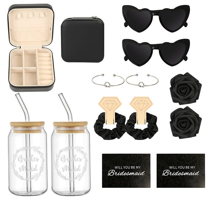 HOMENERGY Bridesmaid Proposal Gifts Set 2 - Will You Be My Bridesmaid Kit with Elegant Box Jewelry Box Glass Cup Invited Cards Knotted Bracelets Sunglasses Scrunchies Raffia Grass (Black, 18Pcs)