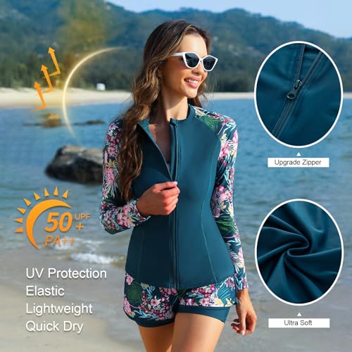 Jasambac Women'S Upf 50+ Rash Guard Long Sleeve 3 Piece Zip Up Swimsuit Uv/Sun Protection Swim Shirts Built In Bra Floral Athletic Swim Wear Pink Flower L thumb #1