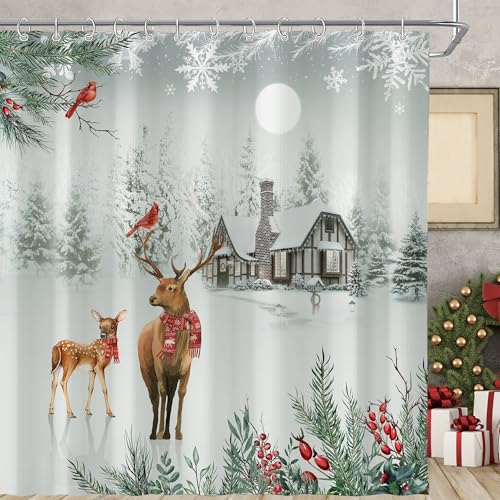 Winter Christmas Shower Curtain for Bathroom 72W*72H Inch Xmas Pine Tree Cardinal Deer Nature Forest Snowy Scenery Farmhouse Holiday New Year Decorations Bathtub Decor Waterproof Polyester Fabric Set