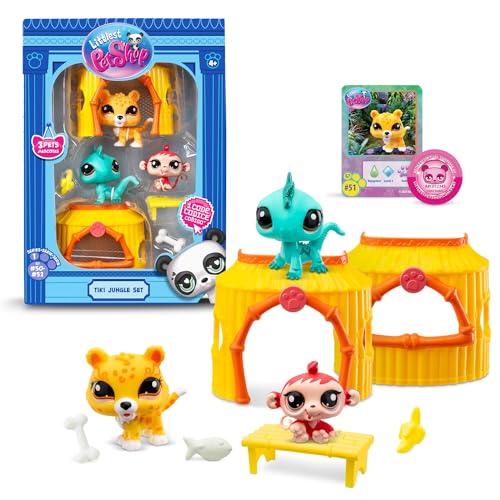 BANDAI Littlest Pet Shop, Tiki Jungle Set, 3 animais de estimação, 3 acessórios, 1 cartão de colecionador, 1 código virtual, cabeças móveis, geração 7 (#50, #51, #52), BF00515 multicoloridas