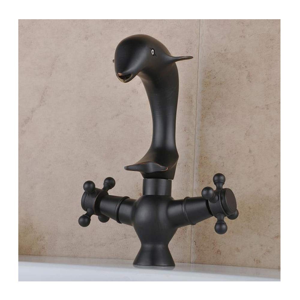 Hcfyauis Black Tive Dolphin Bathroom Sink Brass Deck Mounted Single Hole Double Handle Cold And Hot Lavatory Basin For Bathroom