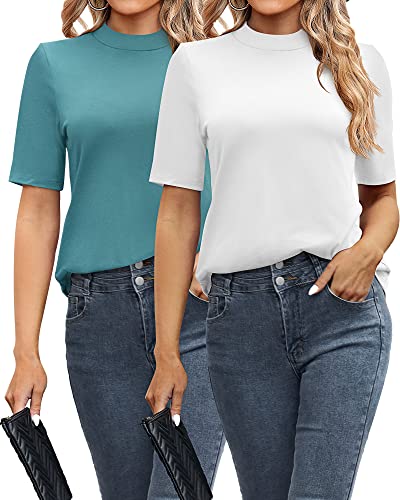 Ficerd 2 Pack Women's Tops Dressy Casual, Mock Neck Tops Half Short Sleeve Turtleneck Stretch Fitting Blouse For Women (White/Turquoise, X-Large) #TOP1
