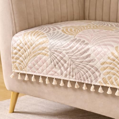 Image of HOMEMONDE 1 Seater Quilted Velvet Printed Sofa Cover with Tassels |Soft, Durable & Premium Fabric with Tassels | Sofa Cover Mats for Living Room, Bedroom & Drawing Room (76 X 61 CM, Opal Palms)