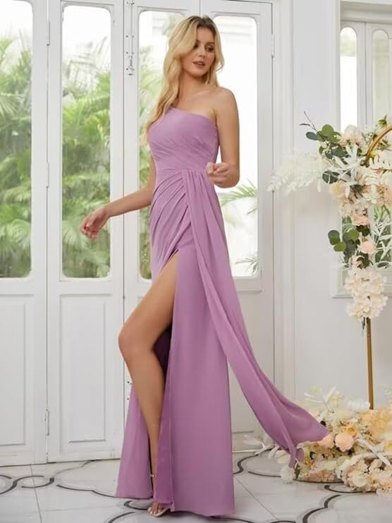 One Shoulder Bridesmaid Dresses for Women Chiffon A Line Ruched Long Evening Formal Dress with Slit LA0134