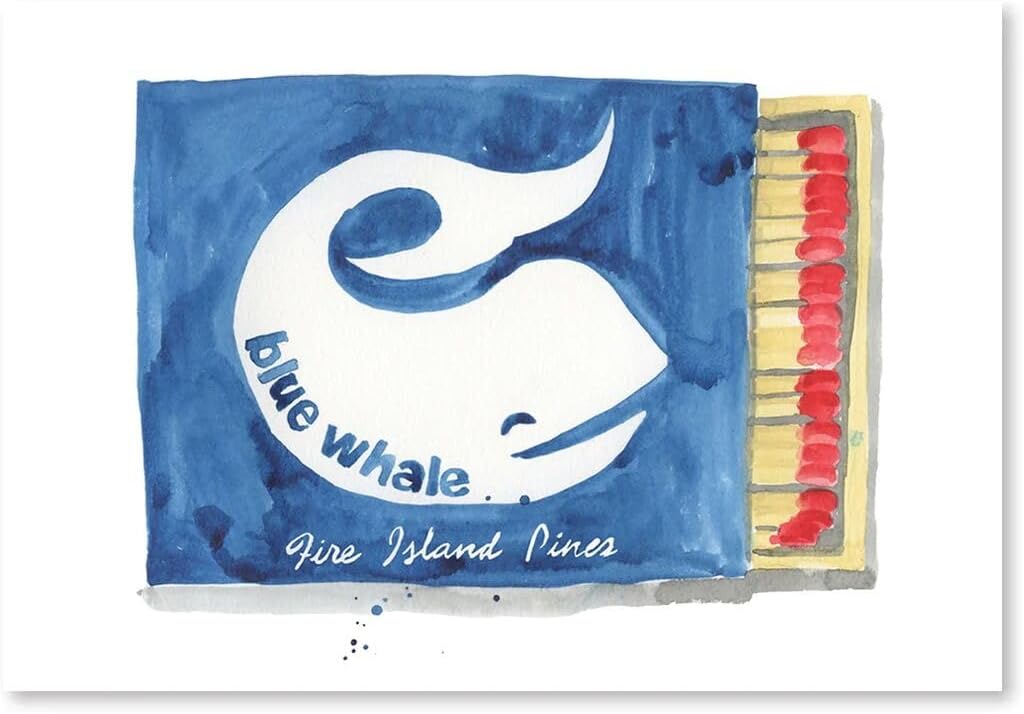FURBISH Travel Wall Art Print - Blue Whale Matchbook - Aesthetic Wall Decor, Modern Wall Art, Preppy Room Decor - Maximalist Wall Prints for Living Room - Fire Island Poster (5X7, Unframed)