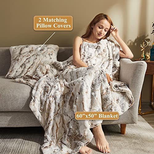 Xege 3 Pieces Double Side Fluffy Blanket Set, Soft Brushed Faux Fur Throw Blanket, Cozy Marble Print Fuzzy Couch Blanket 50X60, With Shaggy Plush Pillow Covers 20X20 For Bed Sofa Living Room, Brown #TOP1