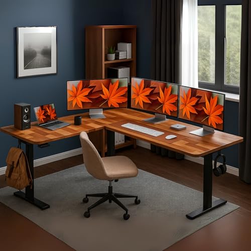 Image of TEKAVO HAD L Shaped Height Adjustable Solid Wood IWorkstation |Home & Office | L Shape Study Table with Spacious Desktop I DIY Assembly (Natural Wooden)