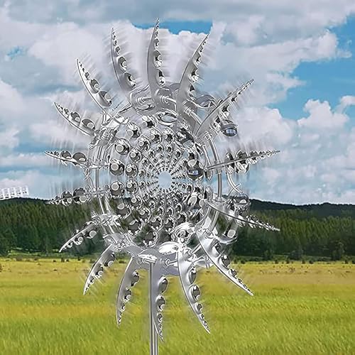 Einzigartige und magische Metall-Windmühle, 3D-Edelstahl-Windspiel, windbetriebene kinetische Skulptur mit Metall-Gartenstecker für Hof, Gartendekoration