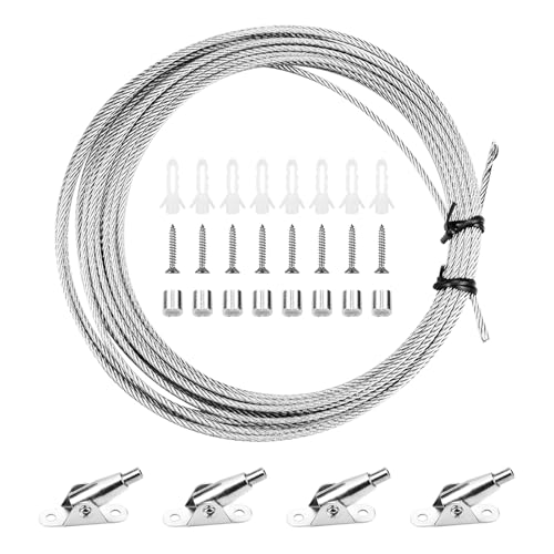 ZoZomaiy 10M Einstellbar Drahtseil 2mm Stahlseil Spanndraht Gardinenseil Vorhang Seilspanngarnitur Vorhang Seilspannsystem Edelstahlseil mit 4 Montage Klemme für Wäscheleine Draußen, Gardinendraht