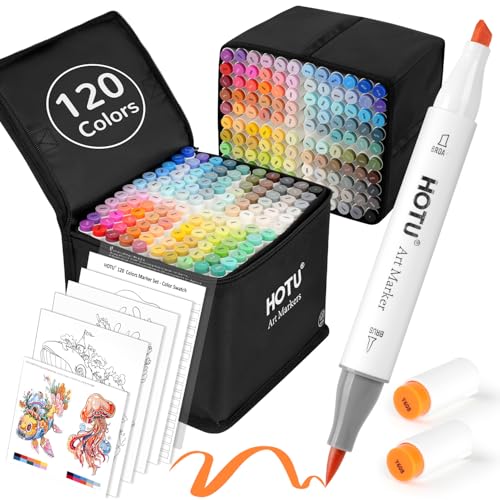 HOTU Alkohol Marker mit Pinselspitze 120 Farben Doppelspitzige Alkoholmarker alkohol stifte Set für Illustrationen & Ausmalen Pinsel & Breitspitze