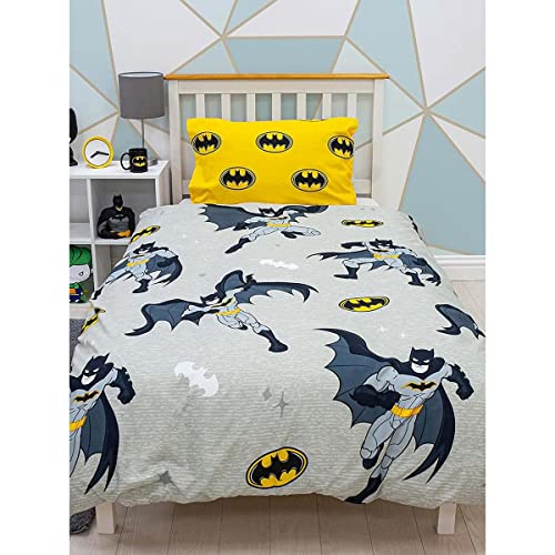 BATMAN Juego de funda de edredón con logotipo oficial para cama individual, diseño reversible de 2 caras con funda de almohada a juego, multicolor