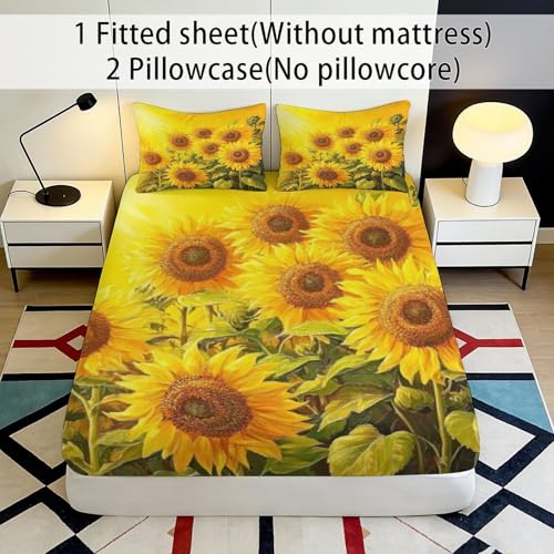 Drap housse imprimé tournesol 200x200 anti-plis et facile à border