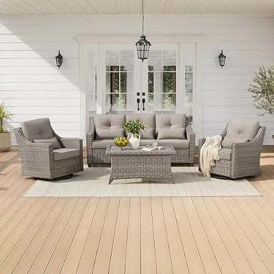 CHITA 4 Pieces Wicker Patio Furniture Set, Outdoor Conversation Set with 2 Pieces Rattan Rocking Swivel Chairs, 3-Seater Sofa, Coffe Table