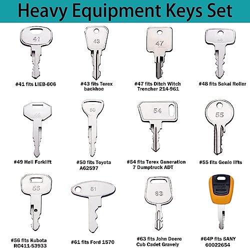 46pcs + 10pcs Heavy Equipment Keys Master Set, Construction & Builder Master Key Set with Cable Keychain, Fits Case Takeuchi JLG CAT JD JCB New Holland Komastu Kubota & More