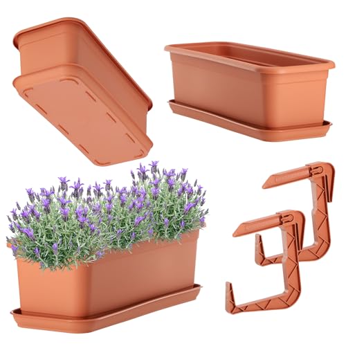 KADAX Blumenkasten 40 cm mit Untersatz und Halterung, Terracotta – Balkonkasten aus Kunststoff, Pflanzkasten für Innen- und Außenbereiche, Blumentopf für Balkon