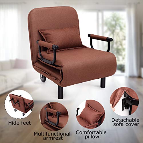 Image of CASART. Folding Sofa Bed, 3-in-1 Convertible Recliner Chair with Pillow and Caster, Indoor Single Sleeper Guest Bed Lounge Futon Couch for Home Office Bedroom Living Room (Coffee)