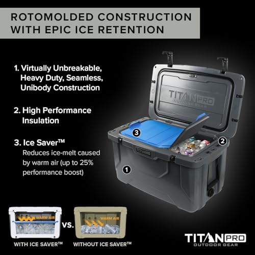 Image of Titan PRO High Performance Ice Chest - 55 Quart Capacity - Hard Cooler with Interior LED Light, Dry Bin, Ice Saver Performance Booster and Microban Protection - Granite Gray